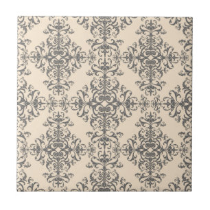 Elegantes Creme- und Grau-Damaskus-Muster Fliese