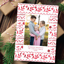 Elegantes Crimson Folk Watercolor Weihnachts-Foto Feiertagskarte