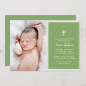 Elegantes Cross Green Foto Taufe Christening Einladung (Vorne/Hinten)