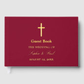 Elegantes Cross Real Foil Burgundy Hochzeit Gästebuch (Vorderseite)