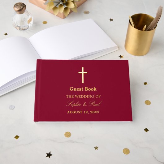 Elegantes Cross Real Foil Burgundy Hochzeit Gästebuch (Vorderseite Offen)