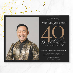 Elegantes Custom Foto Black Gold 40. Geburtstag Einladung