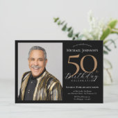 Elegantes Custom Foto Black Gold 50. Geburtstag Einladung (Stehend Vorderseite)