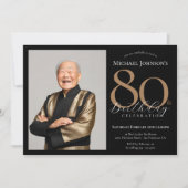Elegantes Custom Foto Black Gold 80. Geburtstag Einladung (Vorderseite)