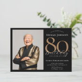 Elegantes Custom Foto Black Gold 80. Geburtstag Einladung (Stehend Vorderseite)