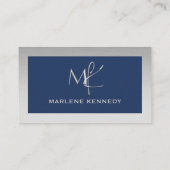 Elegantes Custom Silver Monogram Navy Blue Busines Visitenkarte (Rückseite)