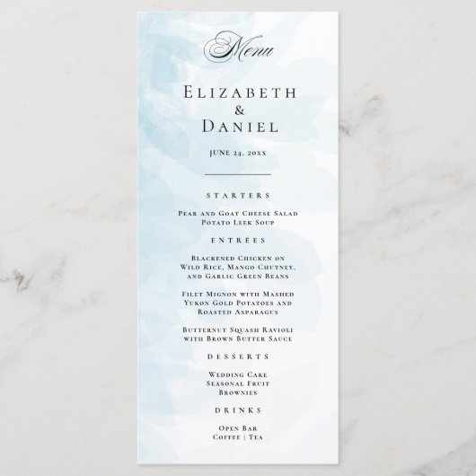 Elegantes Cyan Blue Watercolor Wedding Menu Menükarte (Vorderseite)