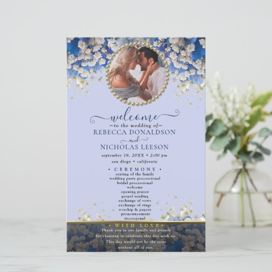 Elegantes Daisy Floral Custom Foto Wedding Program (Stehend Vorderseite)