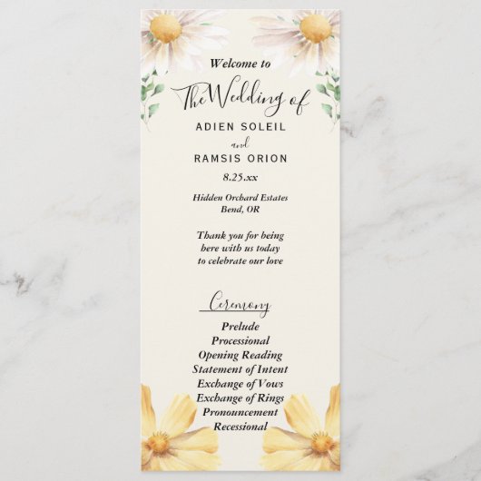 Elegantes Daisy Wedding Brautparty Flat Program Programm (Vorderseite)
