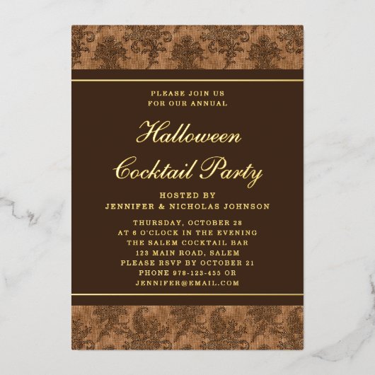 Elegantes Damask Halloween Cocktail Party Gold Folieneinladung (Vorderseite)