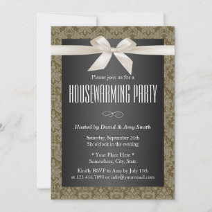 Elegantes Damask Ivory Ribbon Housewarming Party Einladung