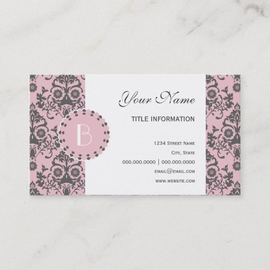 Elegantes Damask-Muster mit Monogramm Visitenkarte (Vorderseite)