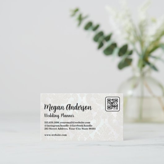 Elegantes Damask-Muster | QR-Code Terminkarte (Stehend Vorderseite)