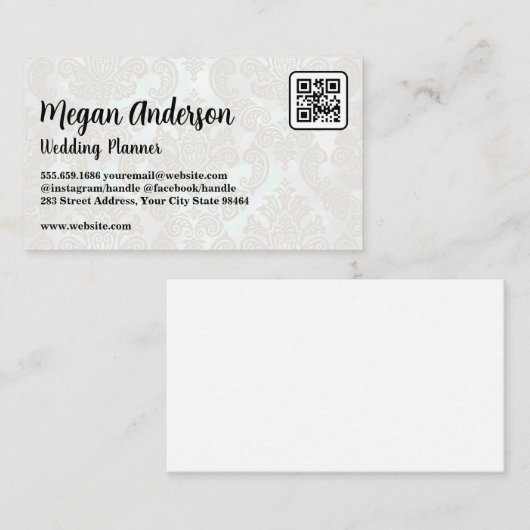 Elegantes Damask-Muster | QR-Code Terminkarte (Vorne/Hinten)