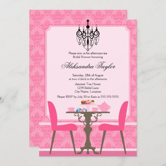 Elegantes Damask und Chandelier Tea Party Einladung (Vorne/Hinten)