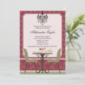 Elegantes Damask und Chandelier Tea Party Einladung (Stehend Vorderseite)