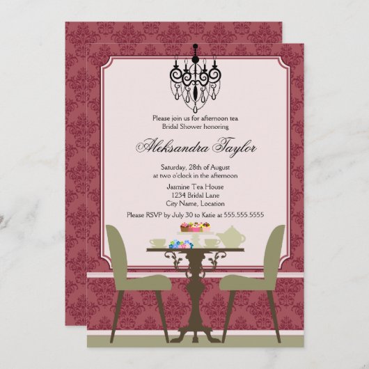 Elegantes Damask und Chandelier Tea Party Einladung (Vorne/Hinten)