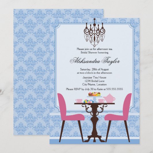Elegantes Damask und Chandelier Tea Party Einladung (Vorne/Hinten)