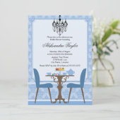Elegantes Damask und Chandelier Tea Party Einladung (Stehend Vorderseite)