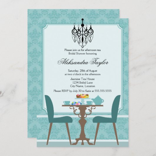 Elegantes Damask und Chandelier Tea Party Einladung (Vorne/Hinten)