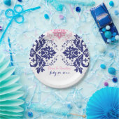 Elegantes Damasmotiv, blau, rosa Hochzeit Pappteller (Party)