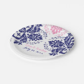 Elegantes Damasmotiv, blau, rosa Hochzeit Pappteller (Schrägansicht)