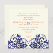Elegantes Damasmotiv, blaue Korallenhochzeit Einladung (Vorne/Hinten)