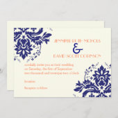 Elegantes Damasmotiv, blaue Korallenhochzeit Einladung (Vorne/Hinten)