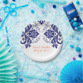 Elegantes Damasmotiv, blaue Korallenhochzeit Pappteller (Party)