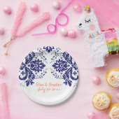 Elegantes Damasmotiv, blaue Korallenhochzeit Pappteller (Party)