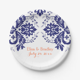 Elegantes Damasmotiv, blaue Korallenhochzeit Pappteller