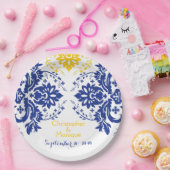 Elegantes Damasmotiv königsblau, gelbe Hochzeit Pappteller (Party)