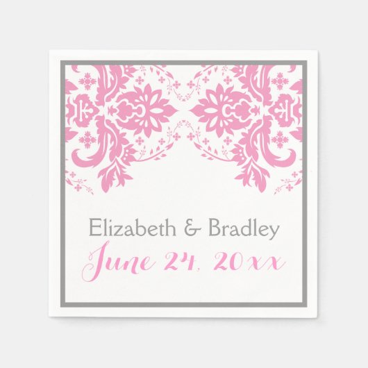 Elegantes Damasmotiv rosa, graue Hochzeit Serviette (Vorderseite)