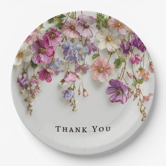 Elegantes "Danke" Design mit hängenden Blumen Pappteller (Vorderseite)
