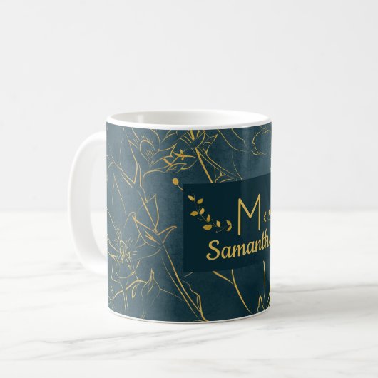 Elegantes Dark Aquamarin Blue & Gold Foil Floral M Kaffeetasse (Vorderseite Links)