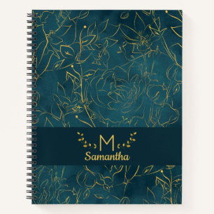 Elegantes Dark Aquamarin Blue & Gold Foil Floral M Notizblock