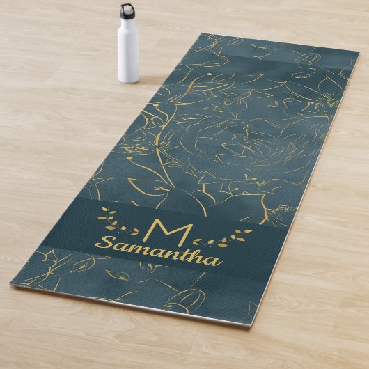 Elegantes Dark Aquamarin Blue & Gold Foil Floral M Yogamatte (Beispiel)