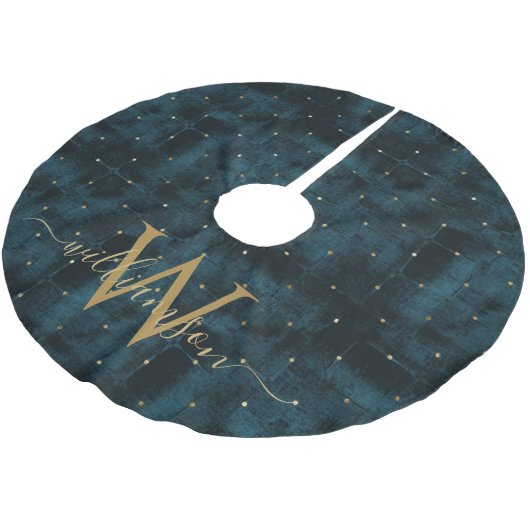 Elegantes Dark Aquamarin Blue Gold Mit Monogramm V Polyester Weihnachtsbaumdecke (Schrägansicht)