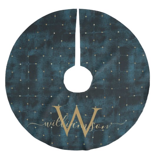 Elegantes Dark Aquamarin Blue Gold Mit Monogramm V Polyester Weihnachtsbaumdecke (Vorderseite)