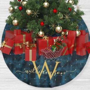 Elegantes Dark Aquamarin Blue Gold Mit Monogramm V Polyester Weihnachtsbaumdecke