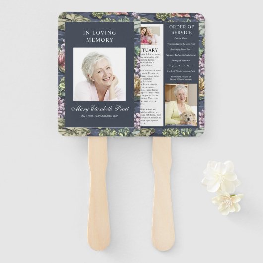 Elegantes Dark Blue Floral 3 Foto Beerdigung Progr Fächer (Vorne und Hinten)