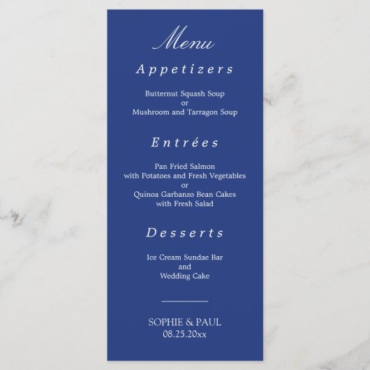 Elegantes Dark Blue Wedding Menu Menükarte (Vorderseite)