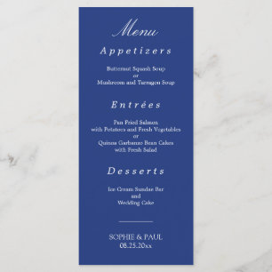 Elegantes Dark Blue Wedding Menu Menükarte
