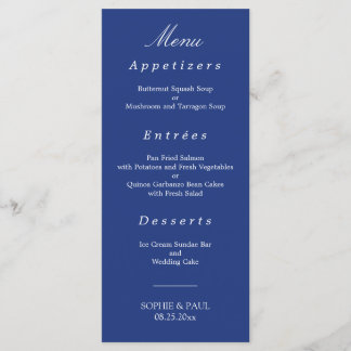 Elegantes Dark Blue Wedding Menu Menükarte