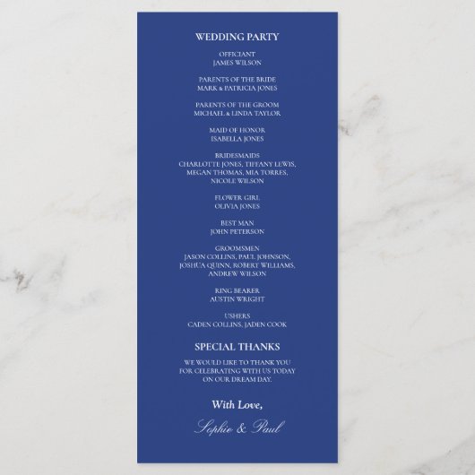 Elegantes Dark Blue Wedding Programm (Rückseite)