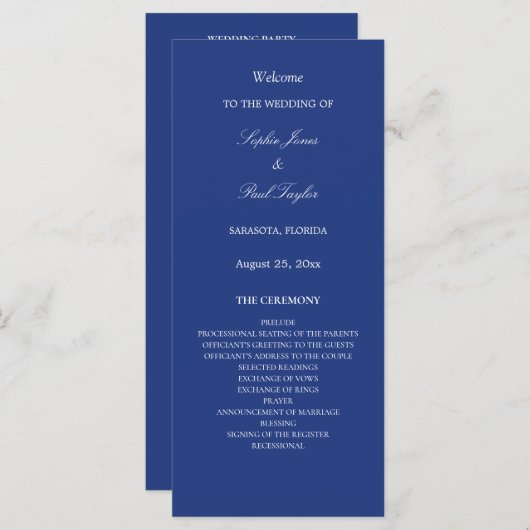Elegantes Dark Blue Wedding Programm (Vorne/Hinten)