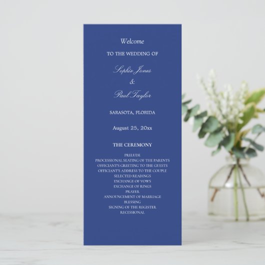 Elegantes Dark Blue Wedding Programm (Stehend Vorderseite)