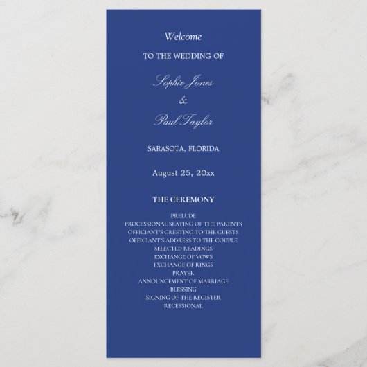 Elegantes Dark Blue Wedding Programm (Vorderseite)