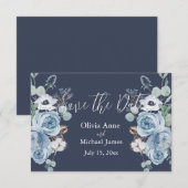 Elegantes Dark Blue & White Floral Script Save The Date (Vorne/Hinten)