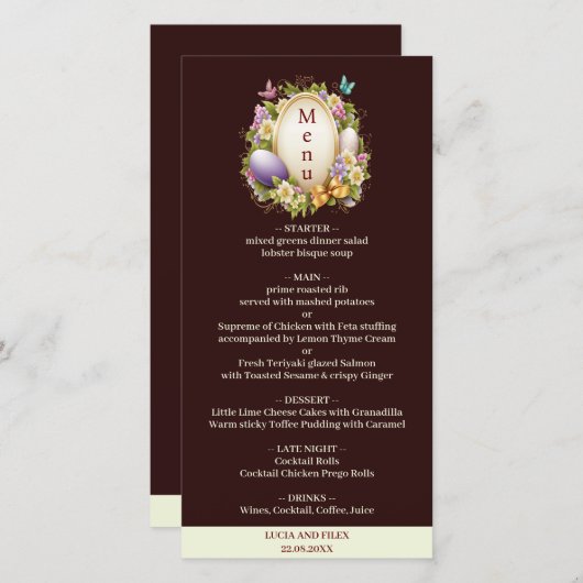 Elegantes Dark Crimson Osterwald Hochzeitsmenü (Vorne/Hinten)